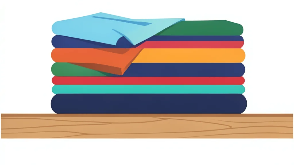 A neatly folded stack of colorful clothing items on a wooden shelf