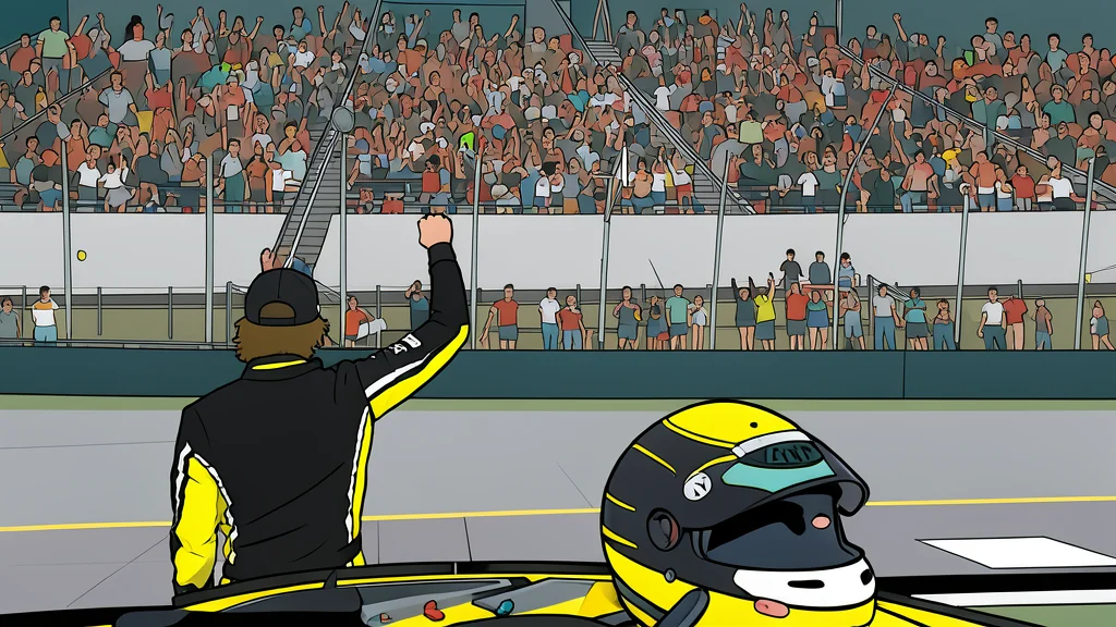 A high-banked dirt oval racetrack under bright stadium lights with a vibrant crowd atmosphere.
