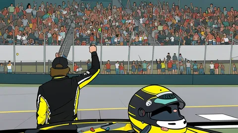 A high-banked dirt oval racetrack under bright stadium lights with a vibrant crowd atmosphere.