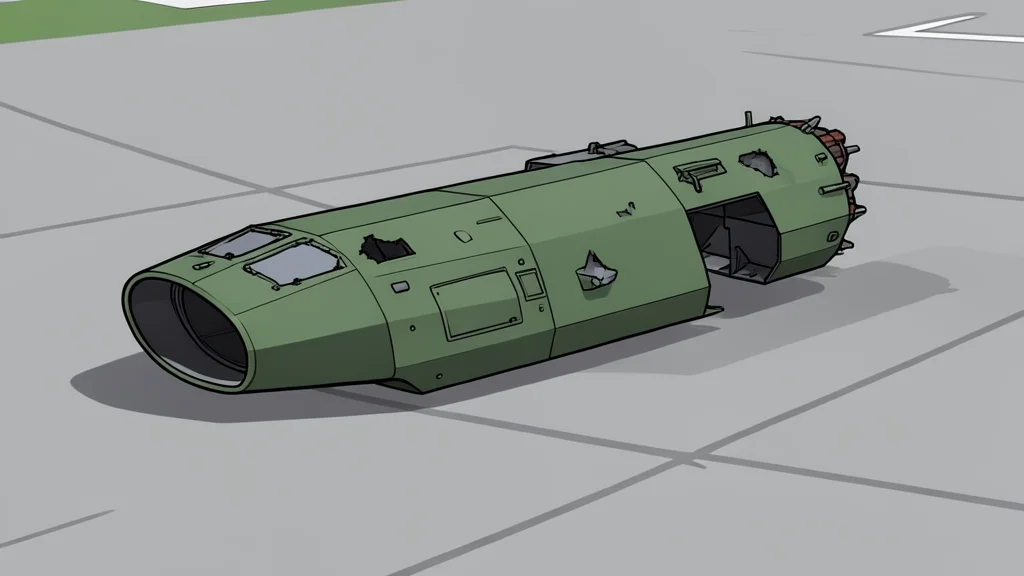 A damaged military aircraft fuselage resting on a concrete tarmac