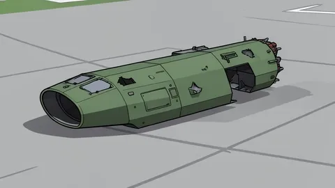 A damaged military aircraft fuselage resting on a concrete tarmac