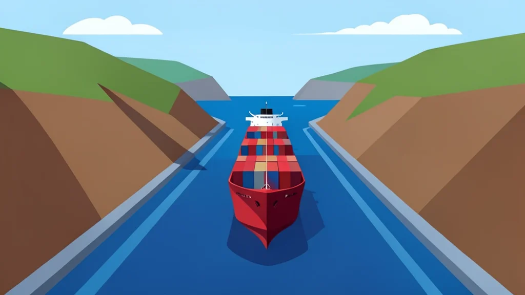 A flat vector illustration of a large oil tanker navigating a narrow red sea strait.