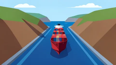 A flat vector illustration of a large oil tanker navigating a narrow red sea strait.