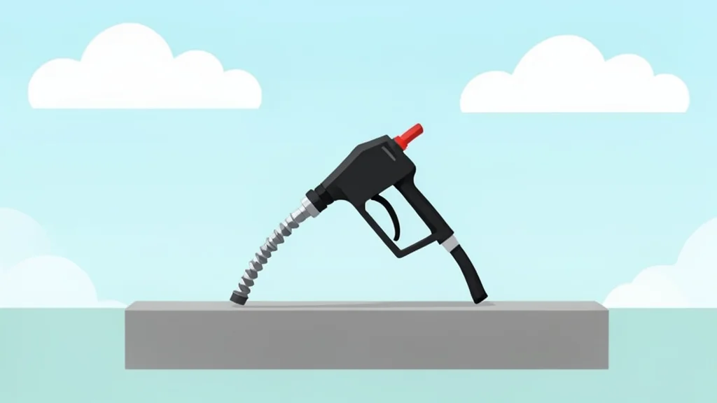 A gas pump nozzle resting on a concrete island under a bright sky