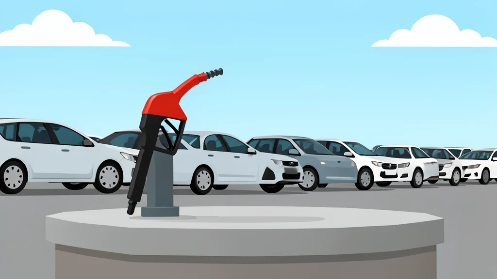 A gas pump nozzle resting on a concrete island next to a row of parked cars under a bright sky