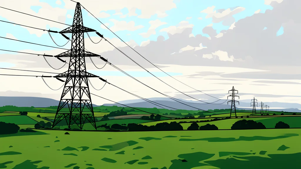 A high-voltage electricity transmission tower standing in a rural landscape