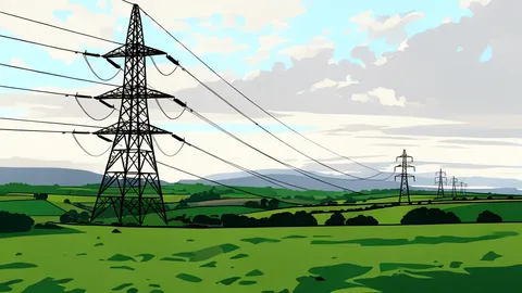 A high-voltage electricity transmission tower standing in a rural landscape