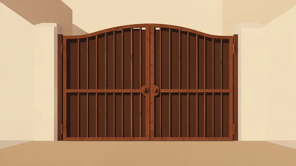 A heavy, rusted iron gate standing closed in a dusty courtyard