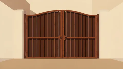 A heavy, rusted iron gate standing closed in a dusty courtyard