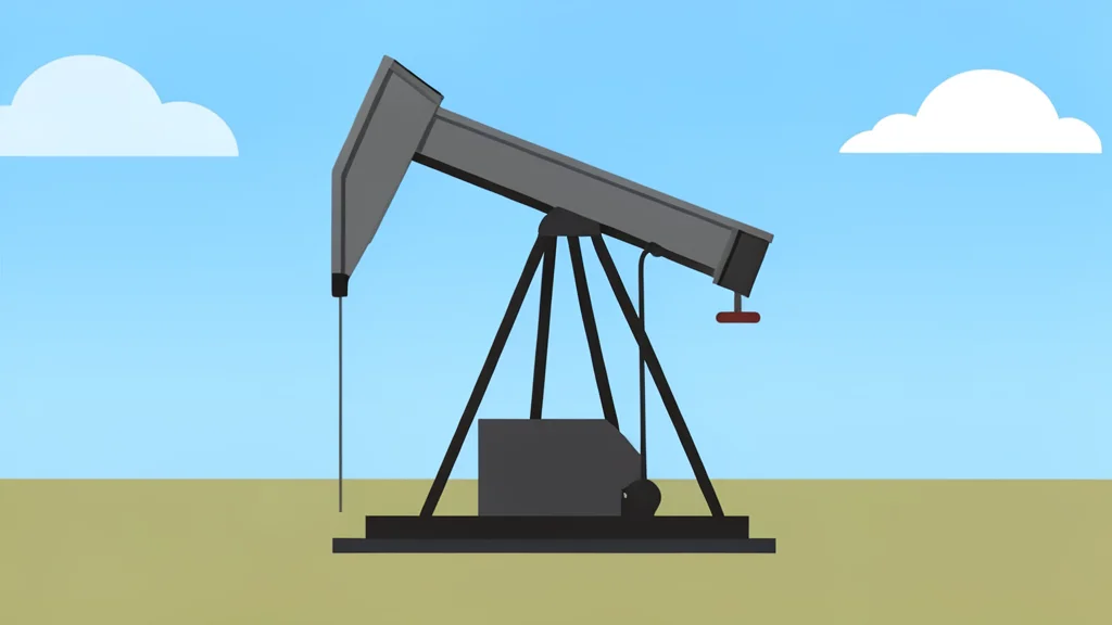 A flat-vector illustration of an industrial oil pumpjack standing in a flat, open field under a clear sky