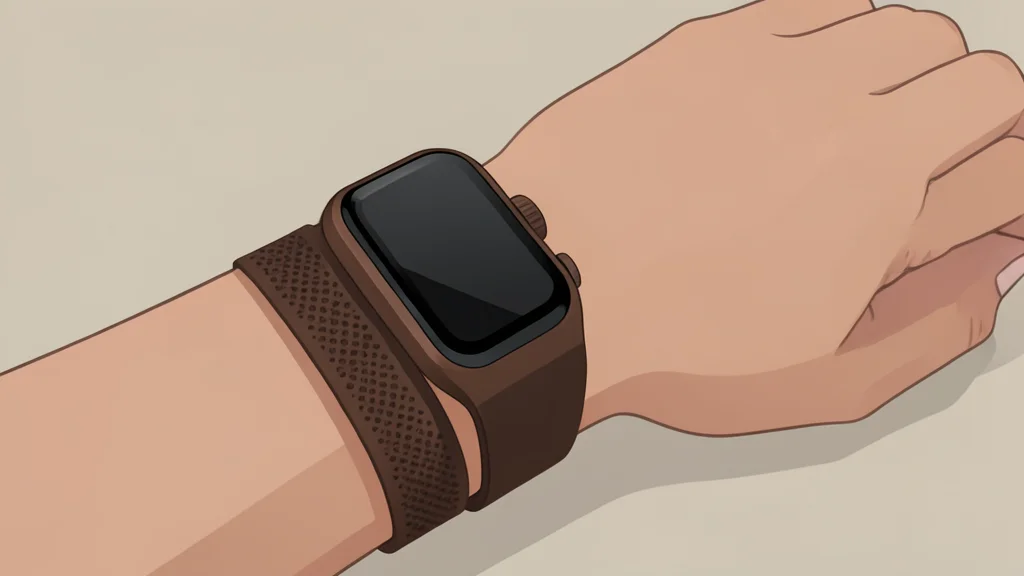 A sleek dark bronze smartwatch with a digital crown resting on a neutral surface