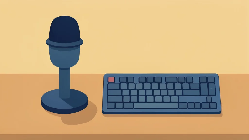 A microphone and a keyboard sitting on a desk