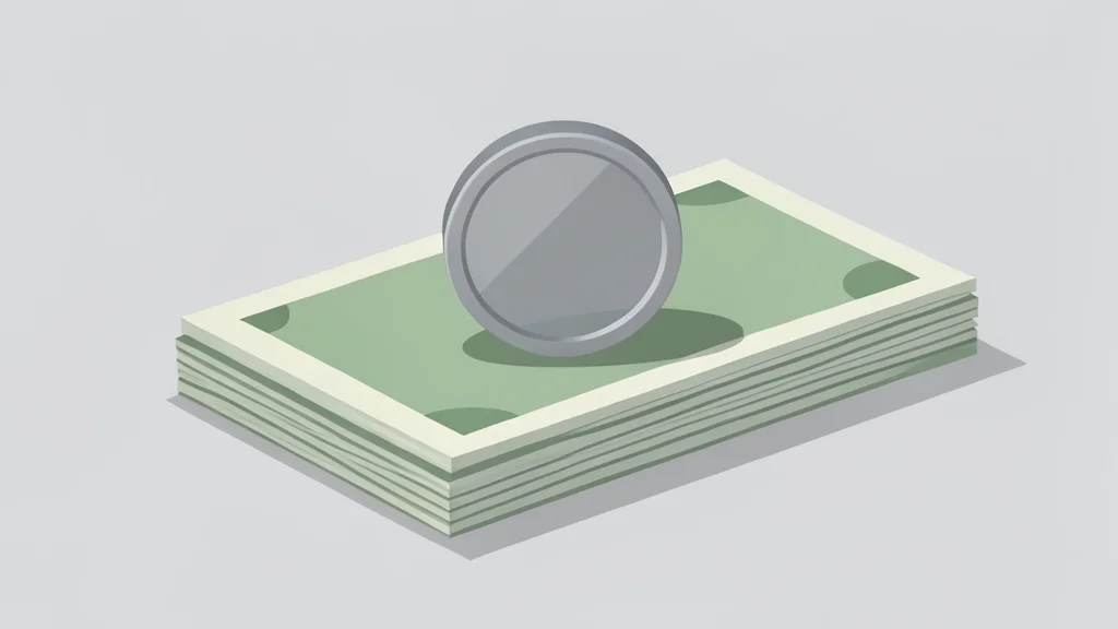 A digital coin resting on a stack of physical currency notes