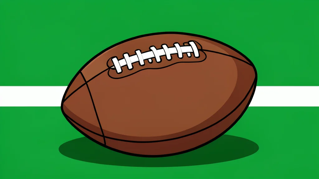 A green football field with white yard lines and a brown leather football resting on the grass