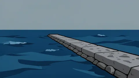 A rough, grey stone pier extending into a choppy, dark blue sea under an overcast sky
