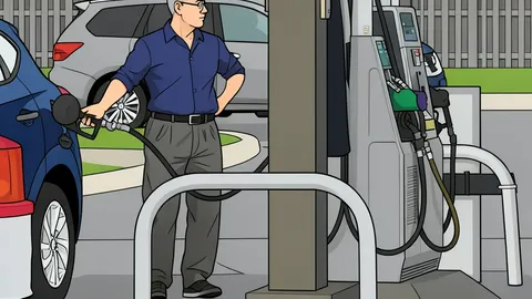 A gas pump nozzle resting on a concrete island at a fueling station