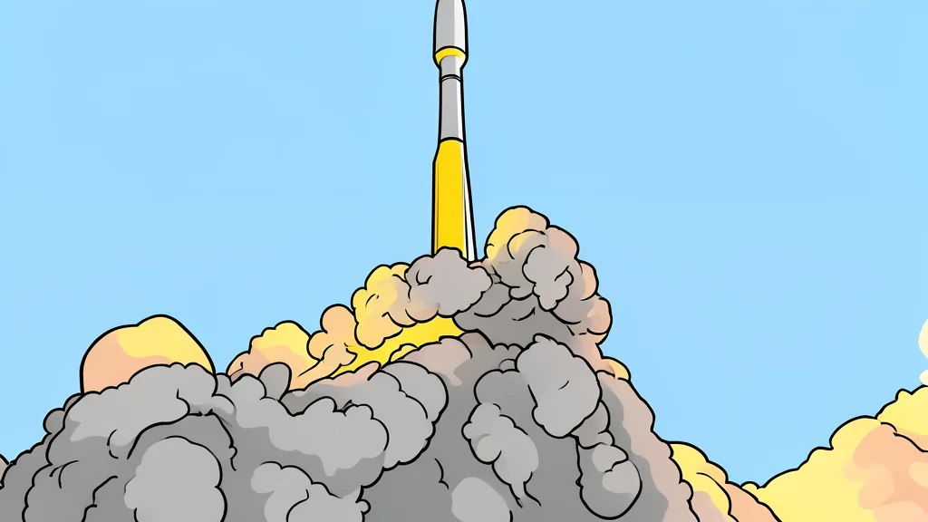 A sleek white rocket standing vertically on a concrete launch pad against a clear blue sky