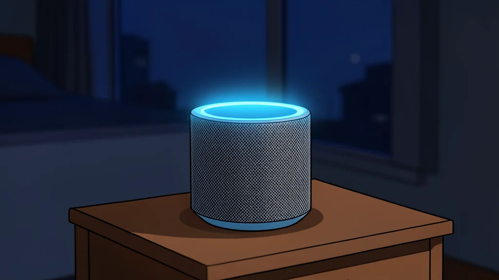A dimly lit living room at night with a single glowing smart speaker and a soft ambient light strip along the baseboard