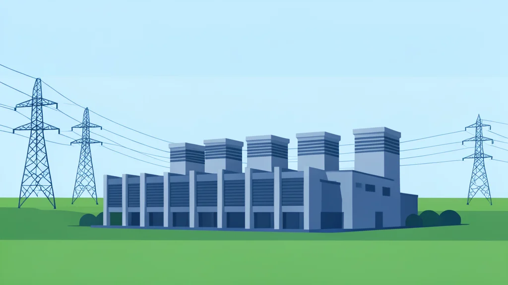 A wide landscape showing an industrial server farm with cooling towers and high-voltage power lines stretching across a flat horizon.
