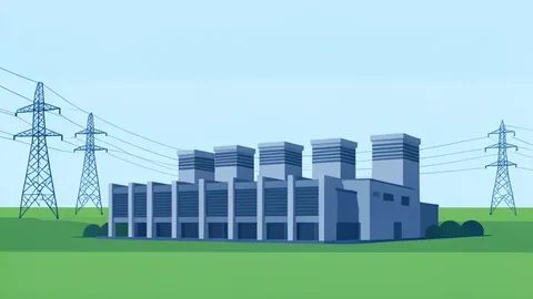 A wide landscape showing an industrial server farm with cooling towers and high-voltage power lines stretching across a flat horizon.