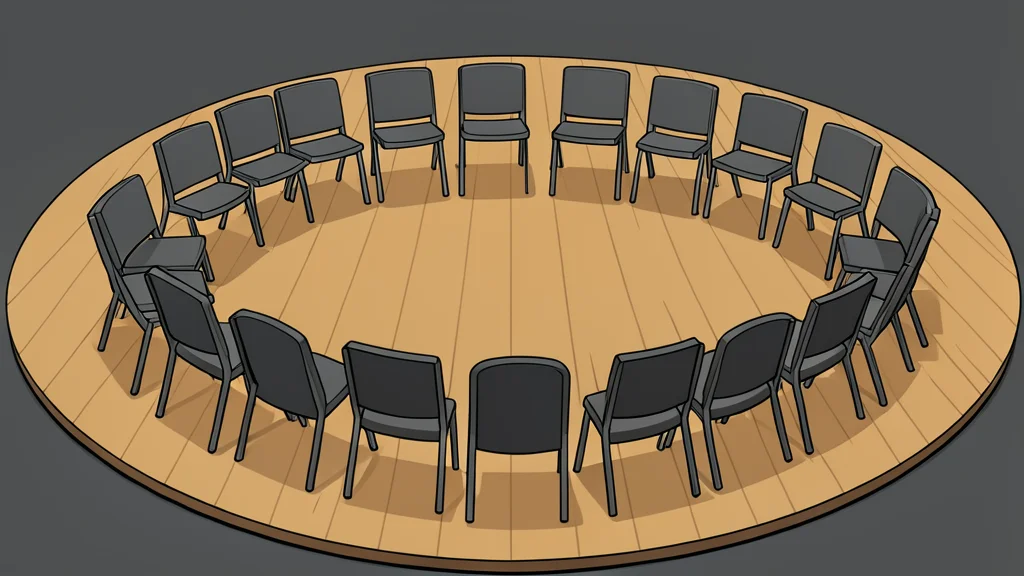 A row of empty chairs arranged in a circle on a wooden stage floor