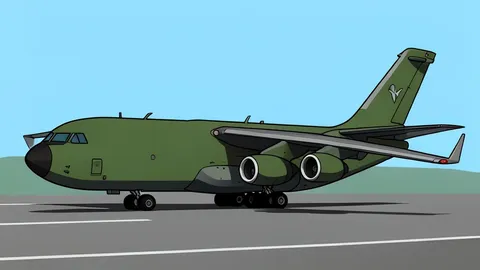 A flat-vector illustration of a military transport aircraft parked on a tarmac under a clear sky.