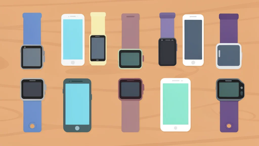 A flat vector illustration of various wrist-worn devices with different screen types and band materials arranged on a wooden surface.