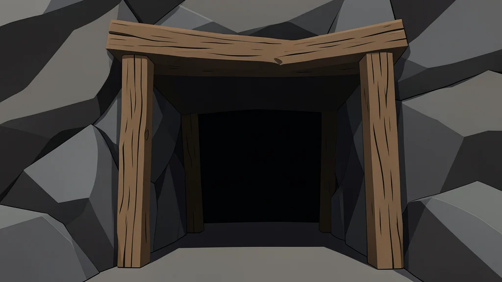 A dark, narrow tunnel entrance in a rocky hillside with rough wooden supports