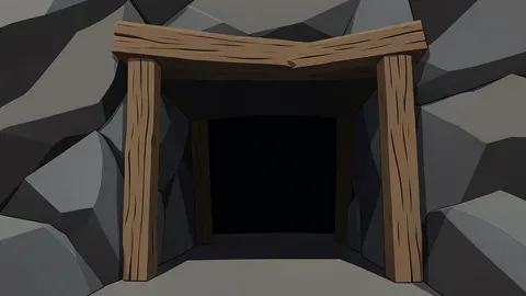 A dark, narrow tunnel entrance in a rocky hillside with rough wooden supports