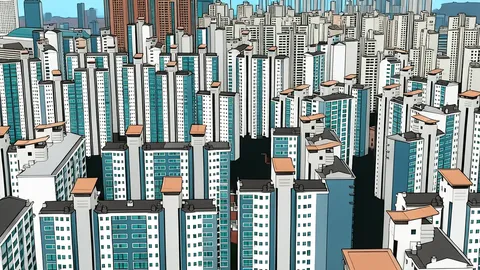 A row of multi-story apartment buildings with balconies and windows, viewed from a street level perspective.
