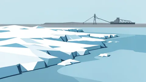A rugged, snow-covered Arctic coastline with jagged ice formations and a distant industrial mining structure.