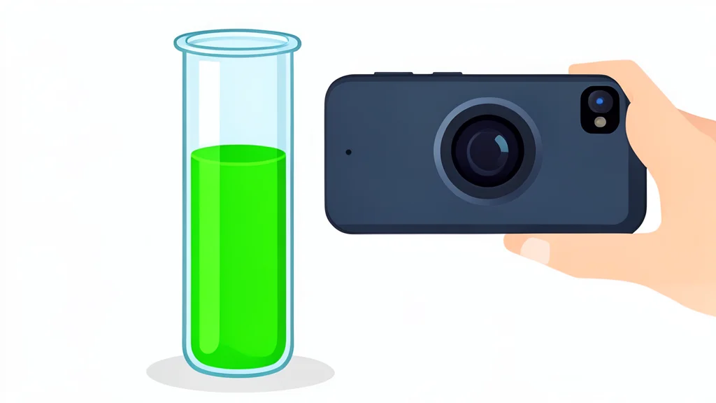 A glass vial containing liquid that glows with a soft red light, sitting on a wooden table next to a smartphone camera lens.