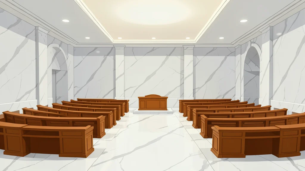 A large, empty marble hall with rows of curved wooden desks and a central podium, illuminated by soft overhead lighting.