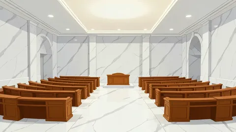 A large, empty marble hall with rows of curved wooden desks and a central podium, illuminated by soft overhead lighting.