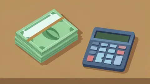 A flat-vector illustration of a stack of currency notes and a calculator on a wooden desk.