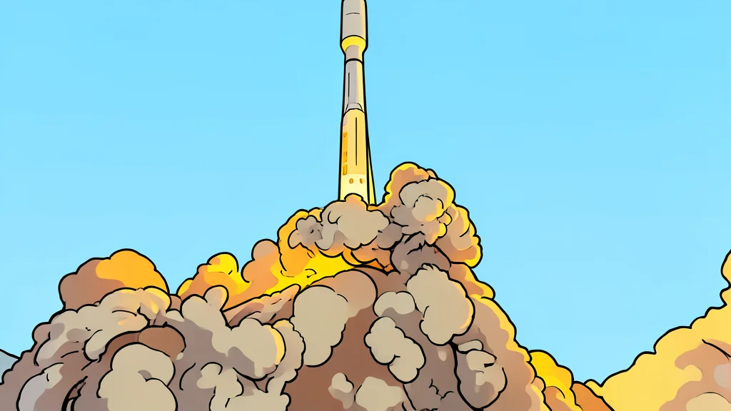 A sleek white rocket standing vertically on a concrete launch pad against a clear blue sky