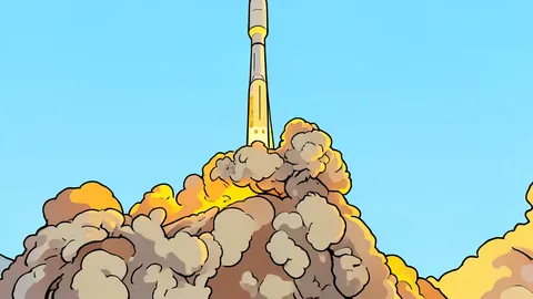 A sleek white rocket standing vertically on a concrete launch pad against a clear blue sky