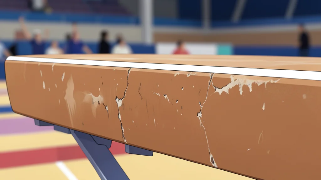 A stylized vector illustration of a gymnastics balance beam and uneven bars in a competition hall.