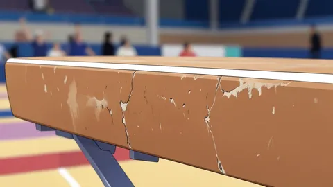 A stylized vector illustration of a gymnastics balance beam and uneven bars in a competition hall.