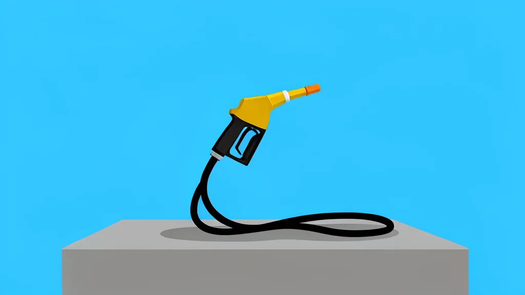 A gas pump nozzle resting on a concrete island under a bright sky