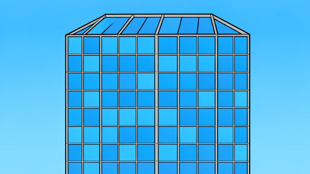 A modern glass office building with a grid of windows reflecting the sky