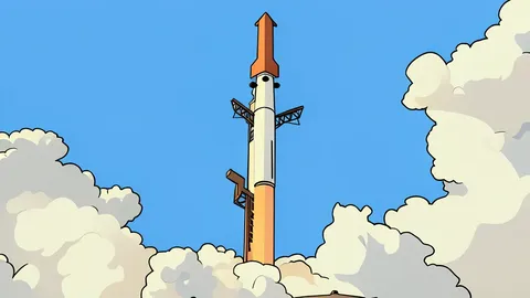 A massive white rocket standing vertically on a launch pad against a clear blue sky