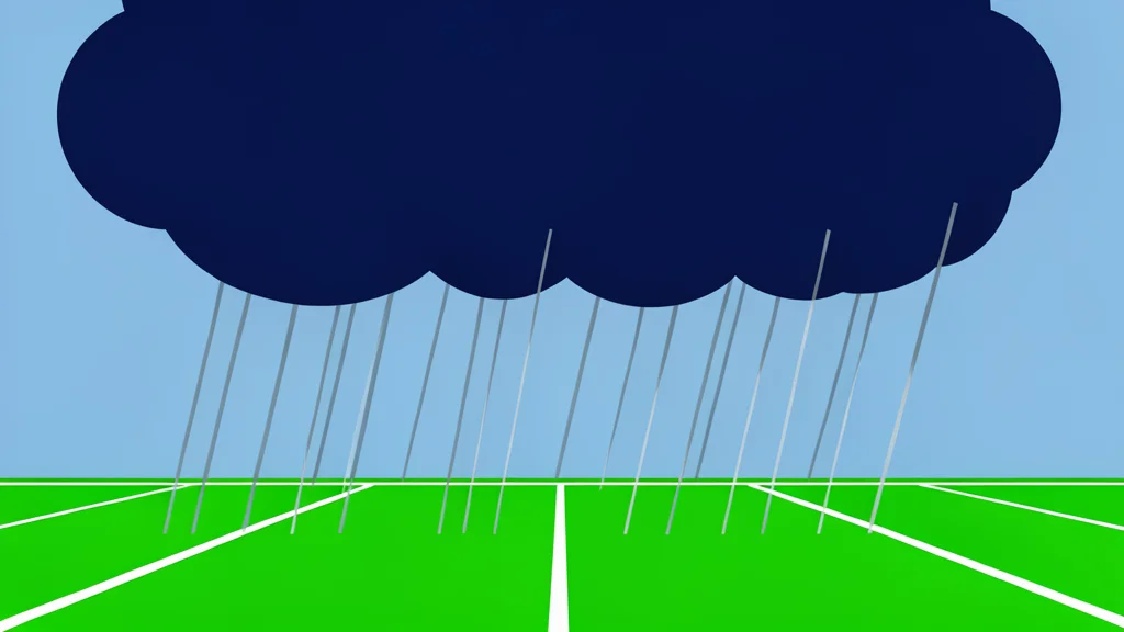 A dark storm cloud hovering over a green grass football field with rain falling