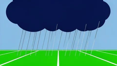 A dark storm cloud hovering over a green grass football field with rain falling