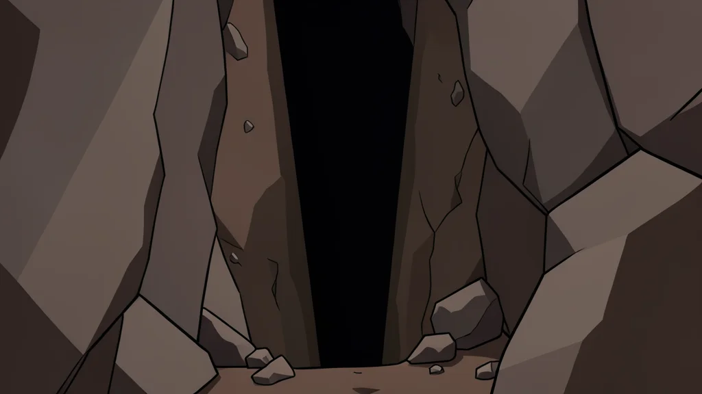 A dark, narrow vertical shaft descending into the earth, surrounded by rough rock walls and scattered debris