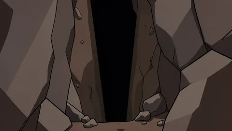A dark, narrow vertical shaft descending into the earth, surrounded by rough rock walls and scattered debris