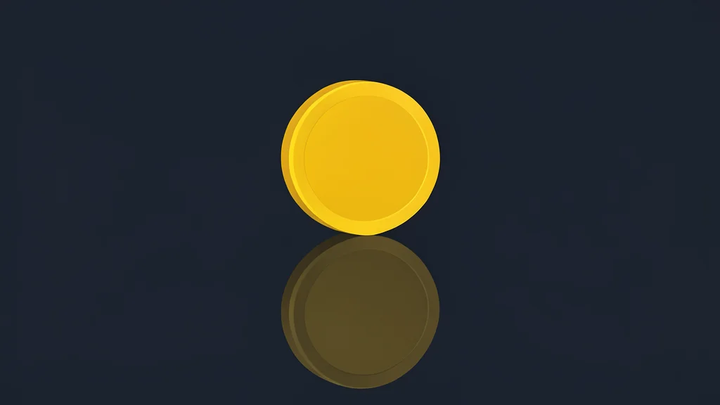 A digital coin resting on a reflective surface