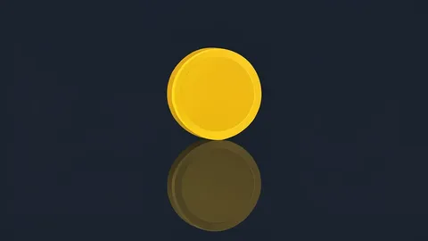 A digital coin resting on a reflective surface