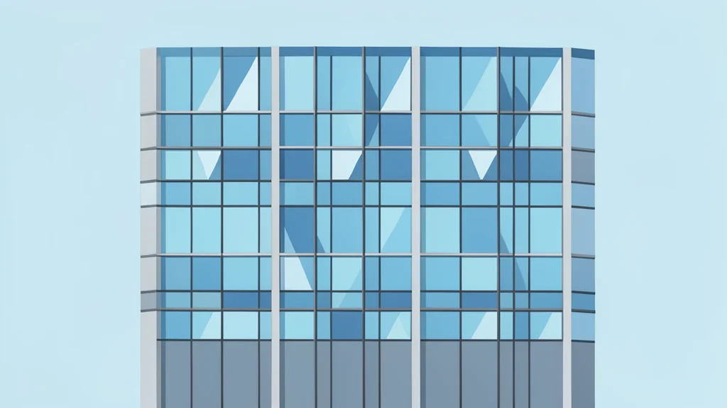 A modern glass office building facade with geometric window patterns
