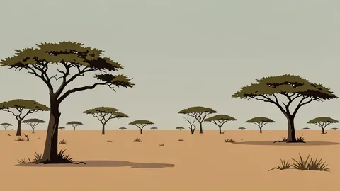 A dry savanna landscape with scattered acacia trees under a hazy sky